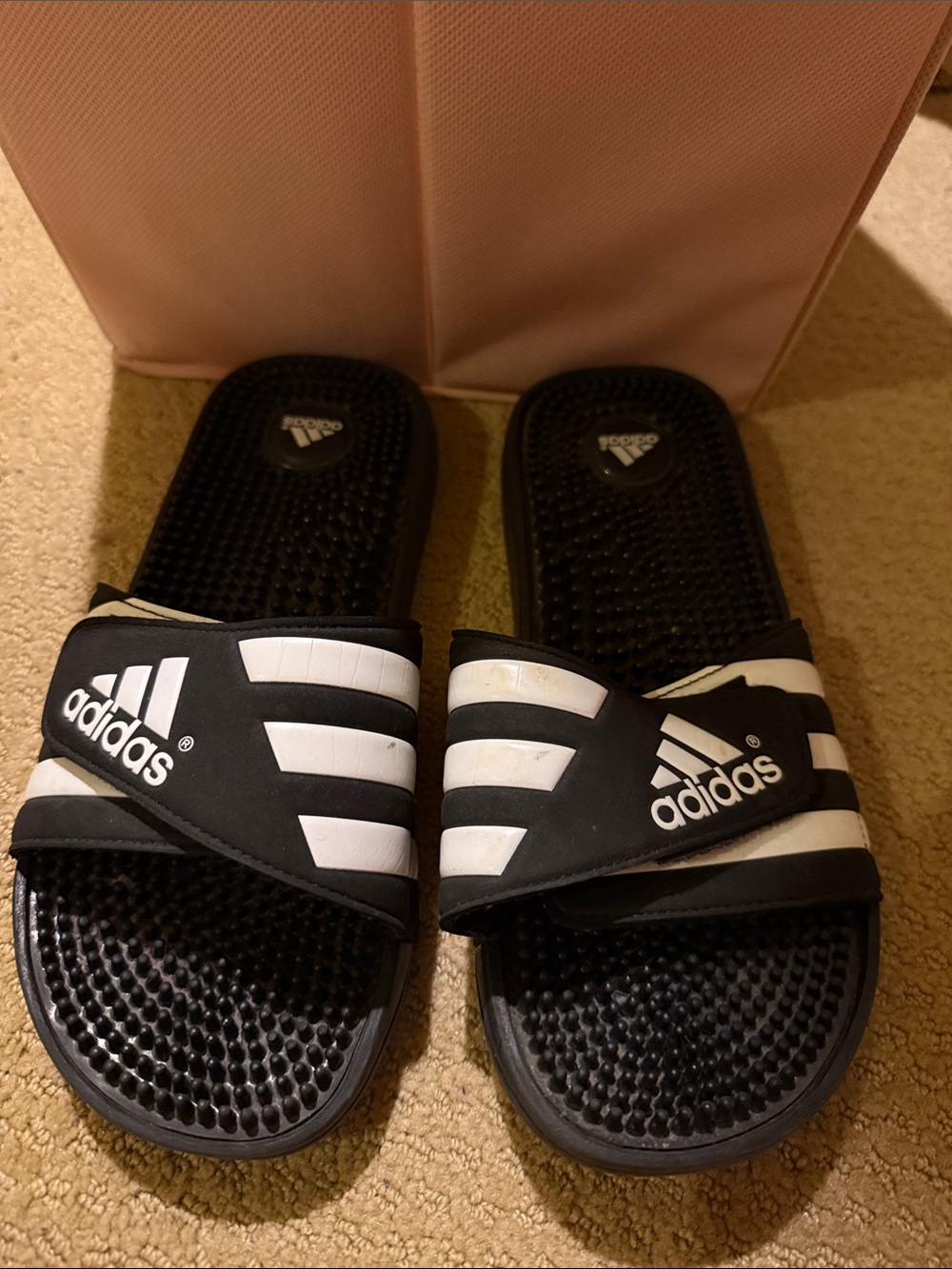adidas Black and White Kids Slide Sandals with Striped Strap